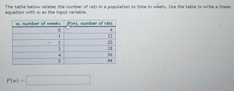 The table below relates the number of rats in a population to time in weeks. Use the table to write a linear
equation with w as the input variable.
P(w)=□