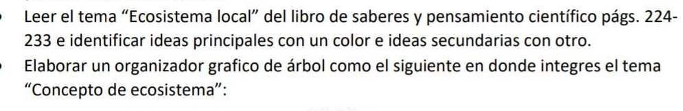 Leer el tema “Ecosistema local” del libro de saberes y pensamiento científico págs. 224-
233 e identificar ideas principales con un color e ideas secundarias con otro. 
Elaborar un organizador grafico de árbol como el siguiente en donde integres el tema 
“Concepto de ecosistema”: