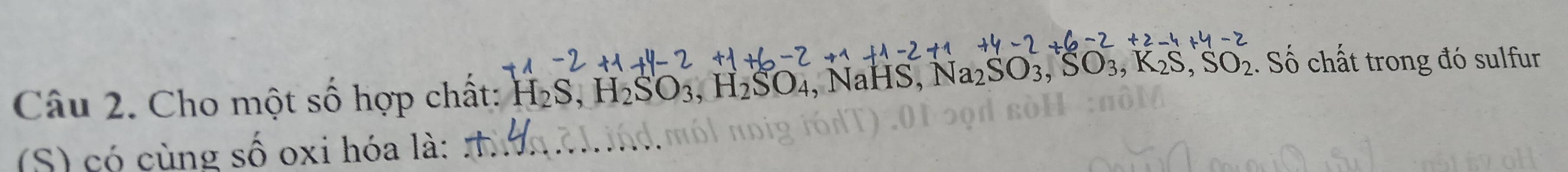 Số chất trong đó sulfur 
Câu 2. Cho một số hợp chất: H_2S, H_2SO_3, H
(S) có cùng số oxi hóa là:_