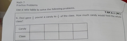 Math 7 
Practice Problems 
Use a ratio table to solve the following problems. 
7.RP.A.1 (NC) 
6. Dezi gave  1/3  pound a candy to  1/8  of the class. How much candy would feed the whole 
class?