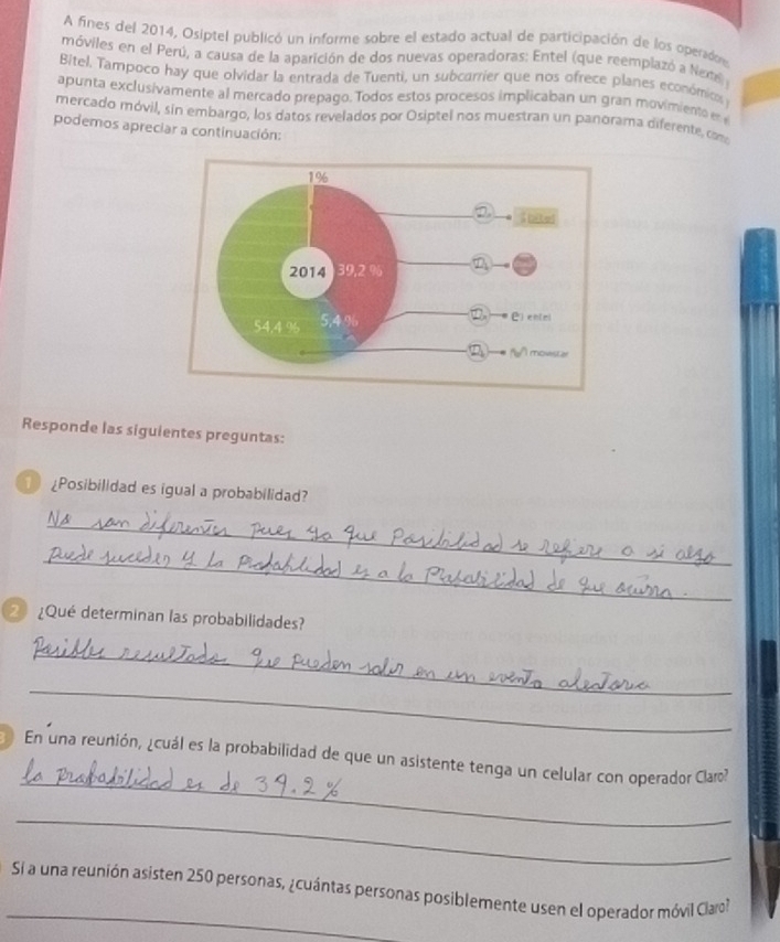 A fines del 2014, Osiptel publicó un informe sobre el estado actual de participación de los operado 
móviles en el Perú, a causa de la aparición de dos nuevas operadoras: Entel (que reemplazó a Nexa 
Bitel. Tampoco hay que olvidar la entrada de Tuenti, un subcarrier que nos ofrece planes económicos 
apunta exclusivamente al mercado prepago. Todos estos procesos implicaban un gran movimiento en 
mercado móvil, sin embargo, los datos revelados por Osiptel nos muestran un panorama diferente, com 
podemos apreciar a continuación: 
Responde las siguientes preguntas: 
1 ¿Posibilidad es igual a probabilidad? 
_ 
_ 
2 ¿Qué determinan las probabilidades? 
_ 
_ 
_ 
En una reunión, ¿cuál es la probabilidad de que un asistente tenga un celular con operador Claro? 
_ 
_ 
Si a una reunión asisten 250 personas, ¿cuántas personas posiblemente usen el operador móvil Claro