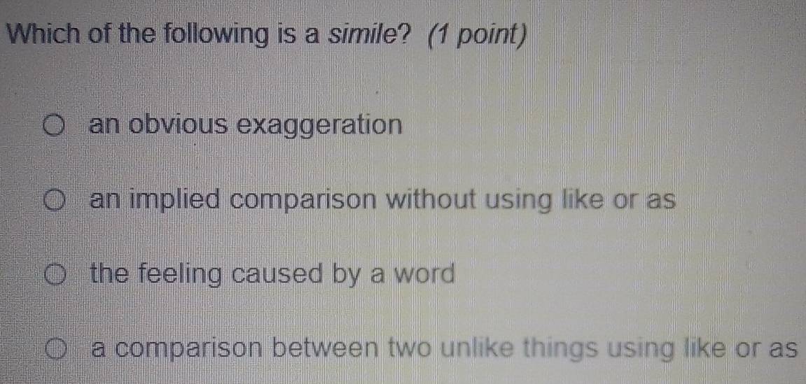 Solved: Which of the following is a simile? (1 point) an obvious ...