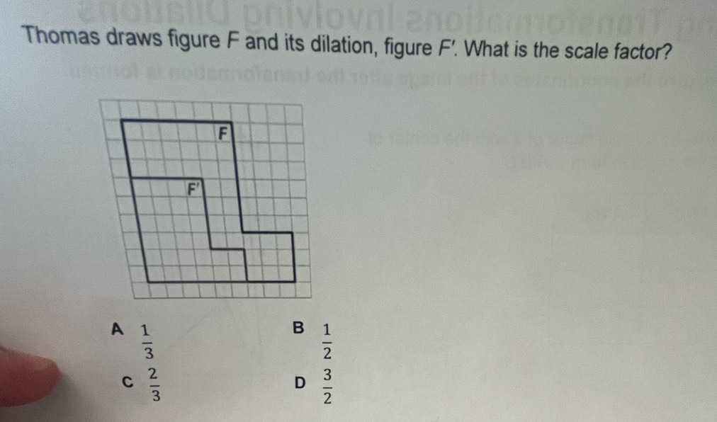 Thomas draws figure F and its dilation, figure F'. . What is the scale factor?
 1/3 
 1/2 
C  2/3 
D  3/2 