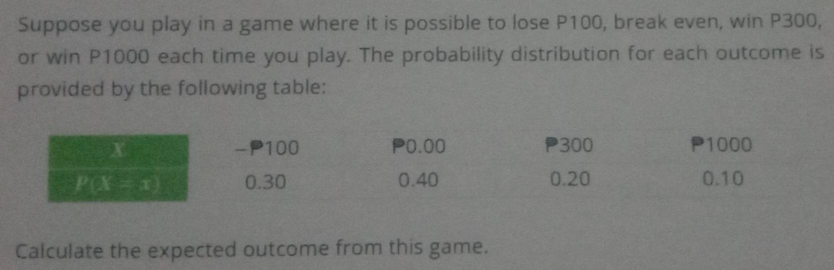 Suppose you play in a game where it is possible to lose P100, break even, win P300,
or win P1000 each time you play. The probability distribution for each outcome is
provided by the following table:
Calculate the expected outcome from this game.