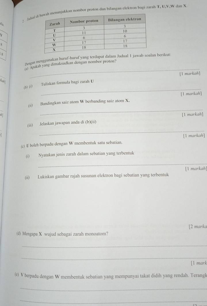 Jadualukkan nombor proton dan bilangan elektron bagi zarah T, U, V, W dan X
la
Y
8
8
_ 
Dengan menggunakan huruf-huruf yang terdapat dalam Jadual 1 jawab soalan berikut: 
(a) Apakah yang dimaksudkan dengan nombor proton? 
[1 markah] 
kah 
_ 
(b) (i) Tuliskan formula bagi zarah U
[1 markah] 
_ 
_ 
(ii) Bandingkan saiz atom W berbanding saiz atom X. 
[1 markah] 
_ 
(iii) Jelaskan jawapan anda di (b)(ii) 
[1 markah] 
(c) U boleh berpadu dengan W membentuk satu sebatian. 
(i) Nyatakan jenis zarah dalam sebatian yang terbentuk 
_ 
[1 markah] 
(ii) Lukiskan gambar rajah susunan elektron bagi sebatian yang terbentuk 
[2 marka 
(d) Mengapa X wujud sebagai zarah monoatom? 
_ 
_ 
[1 mark 
(e) V berpadu dengan W membentuk sebatian yang mempunyai takat didih yang rendah. Terangk 
_ 
_