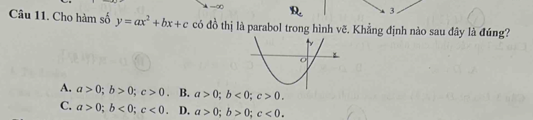 ∞
D. 3 .
Câu 11. Cho hàm số y=ax^2+bx+c có đồ thị là parabol trong hình vẽ. Khẳng định nào sau đây là đúng?
A. a>0; b>0; c>0 B. a>0; b<0</tex>; c>0.
C. a>0; b<0</tex>; c<0</tex>. D. a>0; b>0; c<0</tex>.