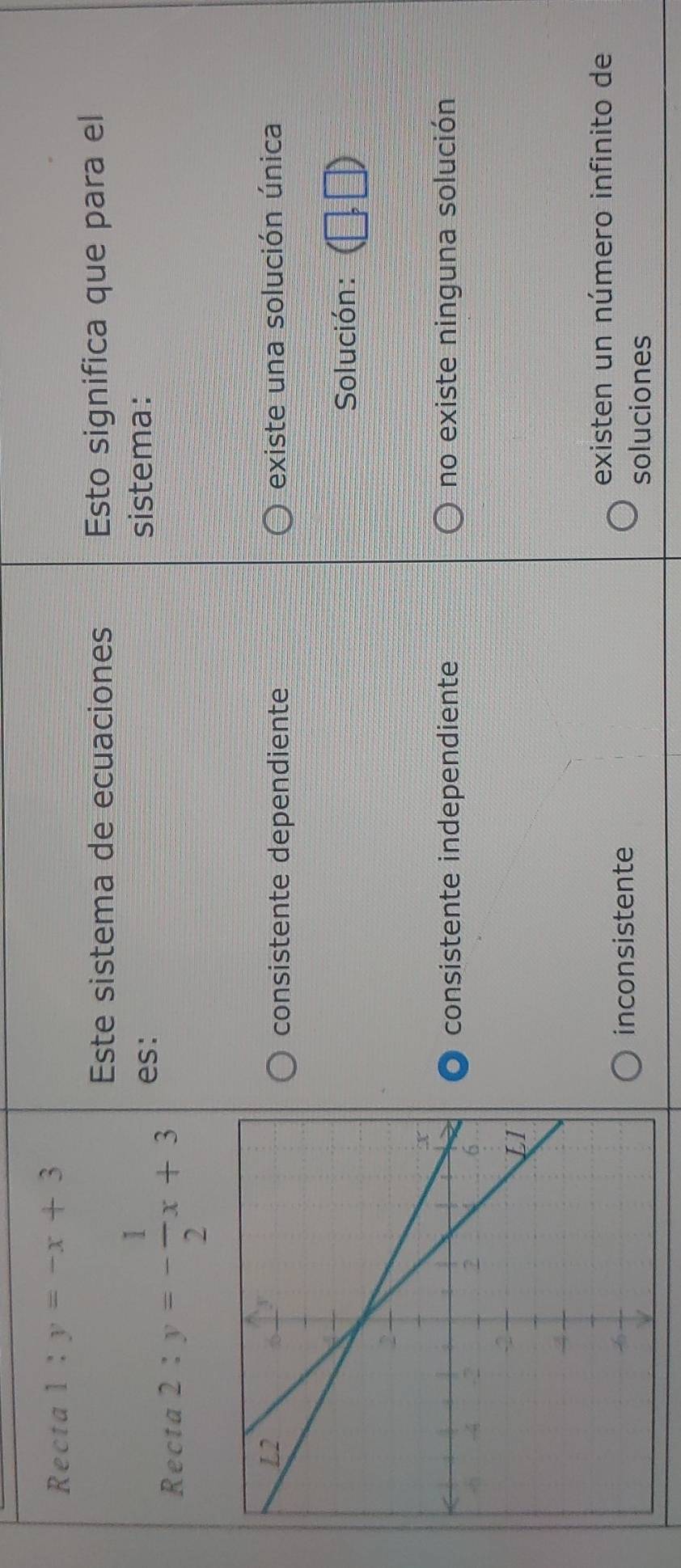 Recta 1:y=-x+3
Este sistema de ecuaciones Esto significa que para el
Recta 2:y=- 1/2 x+3 es:
sistema:
existe una solución única
consistente dependiente
Solución:
consistente independiente no existe ninguna solución
existen un número infinito de
inconsistente
soluciones