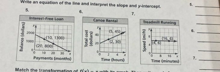 Write an equation of the line and interpret the slope and y-intercept. 5._
5.
_
6.
7.
Interest-Free Loan Canoe Rental Treadmill Running_
y
6._
8 (16,6)
4 (4,6)
_
_
8 16 7._
Time (minutes)
Match the transformation of f(x)
_