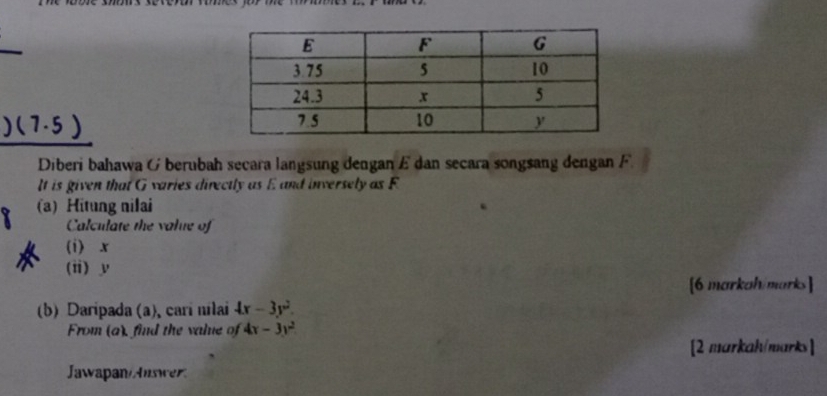 (7.5) 
Diberi bahawa G berubah secara langsung dengan E dan secara songsang dengan F
It is given that G varies directly as E and inversely as F
(a) Hitung nilai 
Calculate the valie of 
(i) x
(ii) y
[6 markah/marks] 
(b) Daripada (a), cari nilai 4x-3y^2. 
From (a), find the value of 4x-3y^2
[2 markah/marks] 
Jawapan/ w