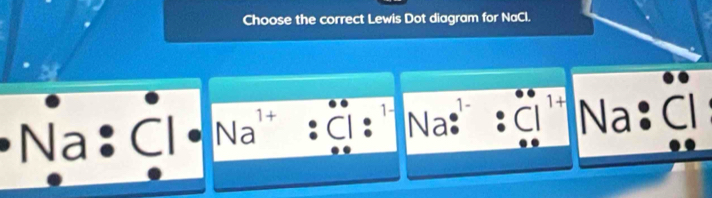 Choose the correct Lewis Dot diagram for NaCl.
Na Čl Na¹† 1-Na:C