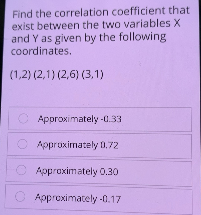 Solved: Find the correlation coefficient that exist between the two ...