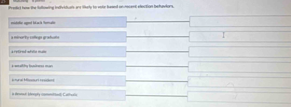 a
Predict how the following individuals are likely to vote based on recent election behaviors.
middle aged black female
a minority college graduate
I
a retired white male
a wealthy business mun
a rural Missouri resident
a devout (deeply committed) Catholic