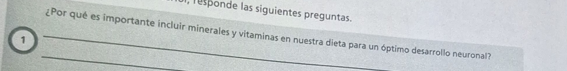 responde las siguientes preguntas. 
_¿Por qué es importante incluir minerales y vitaminas en nuestra dieta para un óptimo desarrollo neuronal? 
1 
_