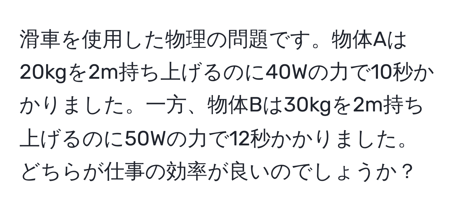 滑車を使用した物理の問題です。物体Aは20kgを2m持ち上げるのに40Wの力で10秒かかりました。一方、物体Bは30kgを2m持ち上げるのに50Wの力で12秒かかりました。どちらが仕事の効率が良いのでしょうか？