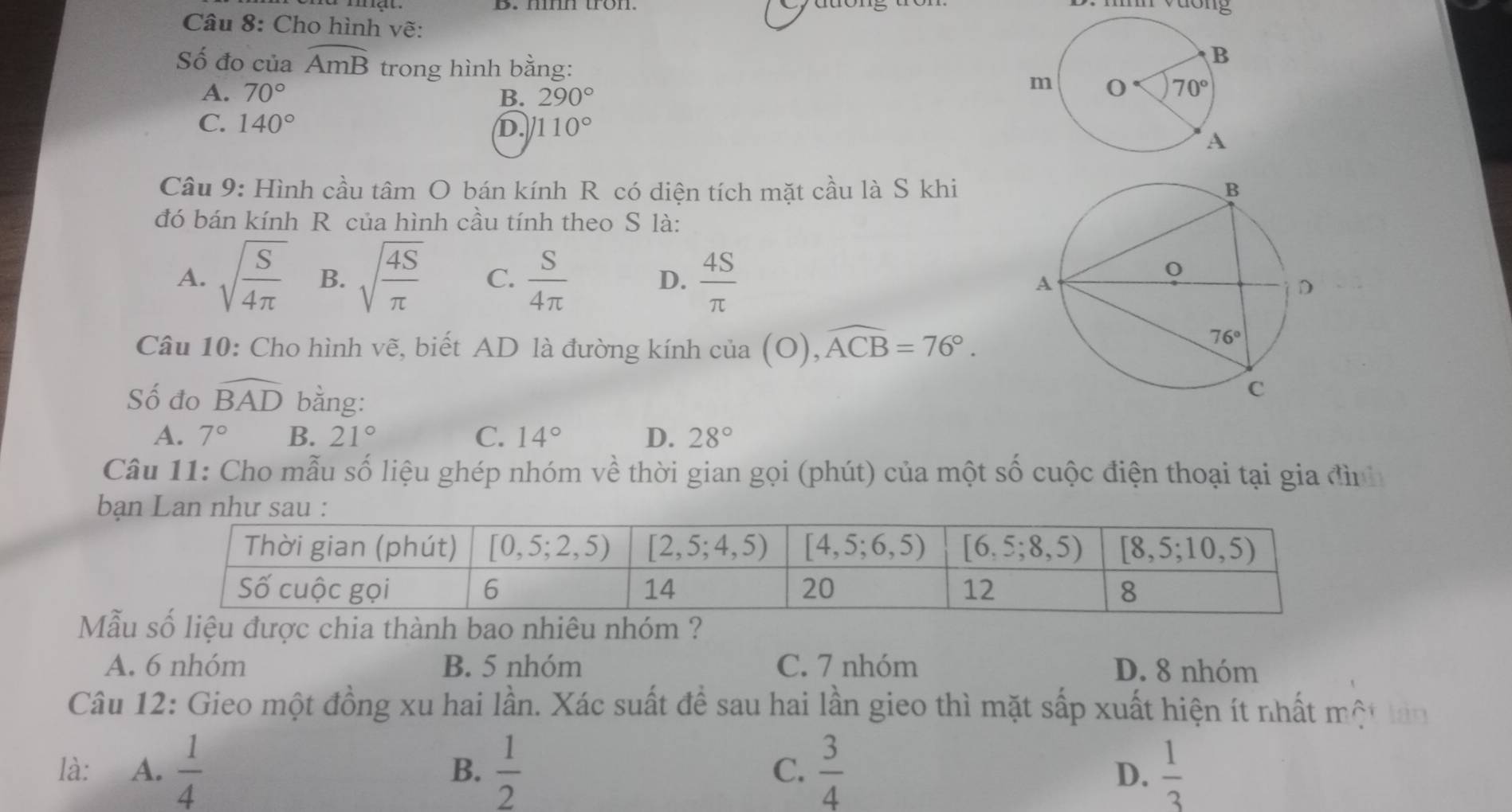 dong
Câu 8: Cho hình vẽ:
Số đo của widehat AmB trong hình bằng:
A. 70° B. 290°
C. 140° D. 110°
Câu 9: Hình cầu tâm O bán kính R có diện tích mặt cầu là S khi
đó bán kính R của hình cầu tính theo S là:
A. sqrt(frac S)4π  B. sqrt(frac 4S)π  C.  S/4π   D.  4S/π  
Câu 10: Cho hình vẽ, biết AD là đường kính cia(O),widehat ACB=76°.
Số đo widehat BAD bằng:
A. 7° B. 21° C. 14° D. 28°
Câu 11: Cho mẫu số liệu ghép nhóm về thời gian gọi (phút) của một số cuộc điện thoại tại gia đìn
bạ
Mẫu
A. 6 nhóm B. 5 nhóm C. 7 nhóm D. 8 nhóm
Câu 12: Gieo một đồng xu hai lần. Xác suất để sau hai lần gieo thì mặt sắp xuất hiện ít nhất n m
là:  A.  1/4   1/2   3/4   1/3 
B.
C.
D.