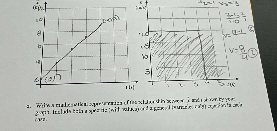 Write a mathematical representation of the relationship between vector x and t shown by your 
graph. Include both a specific (with values) and a general (variables only) equation in each
case.