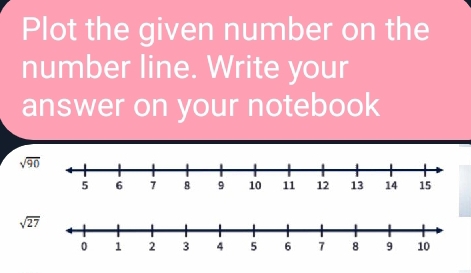 Plot the given number on the 
number line. Write your 
answer on your notebook
sqrt(90)
sqrt(27)