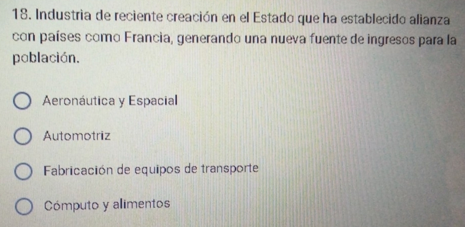 Industria de reciente creación en el Estado que ha establecido alianza
con países como Francia, generando una nueva fuente de ingresos para la
población.
Aeronáutica y Espacial
Automotriz
Fabricación de equipos de transporte
Cómputo y alimentos