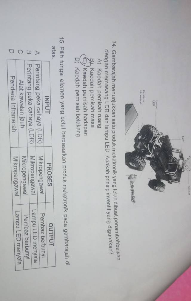 Gambarajah menunjukkan satu produk mekatronik yang telah diat penambahbaikan
dengan memasang LDR dan lampu LED. Apakah prinsip inventif yang digunakan?
A) Kaedah pemisah ruang
B) Kaedah pemisah masa
C) Kaedah pemisah hadapan
D) Kaedah pemisah belakang
15. Pilih fungsi elemen yang betul berdasarkan produk mekatronik pada gambarajah di