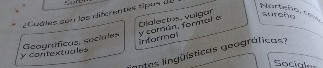 Surel 
¿Cuáles son los diferentes tipos de 
o rte en 
Dialectos, vulgar sureño 
Geográficas, sociales y común, formal e 
informal 
y contextuales 
c ants lingüísticas geográficas? 
Sociales