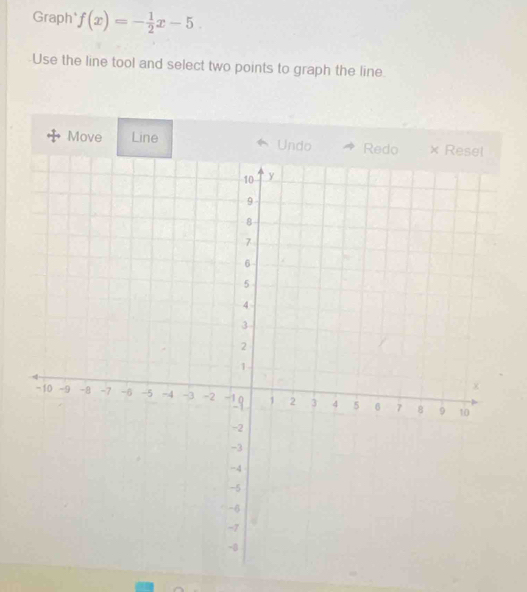 Graph f(x)=- 1/2 x-5
Use the line tool and select two points to graph the line 
Move Line