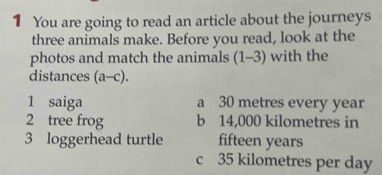 You are going to read an article about the journeys
three animals make. Before you read, look at the
photos and match the animals (1-3) with the
distances (a-c). 
1 saiga a 30 metres every year
2 tree frog b 14,000 kilometres in
3 loggerhead turtle fifteen years
c 35 kilometres per day