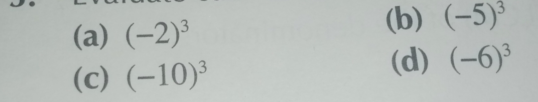 (-2)^3
(b) (-5)^3
(c) (-10)^3
(d) (-6)^3