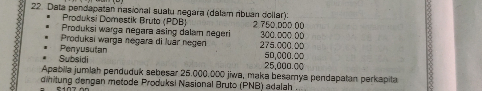 Data pendapatan nasional suatu negara (dalam ribuan dollar):
Produksi Domestik Bruto (PDB) 2,750,000.00
X Produksi warga negara asing dalam negeri 300,000.00
Produksi warga negara di luar negeri 275.000.00
Penyusutan 50,000.00
Subsidi
25,000.00
Apabila jumlah penduduk sebesar 25.000.000 jiwa, maka besarnya pendapatan perkapita
dihitung dengan metode Produksi Nasional Bruto (PNB) adalah