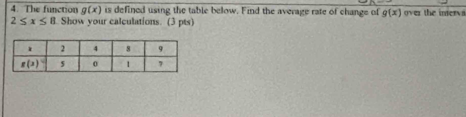 The function g(x) is defined using the table below. Find the average rate of change of g(x) over the interv
2≤ x≤ 8 Show your calculations. (3 pts)