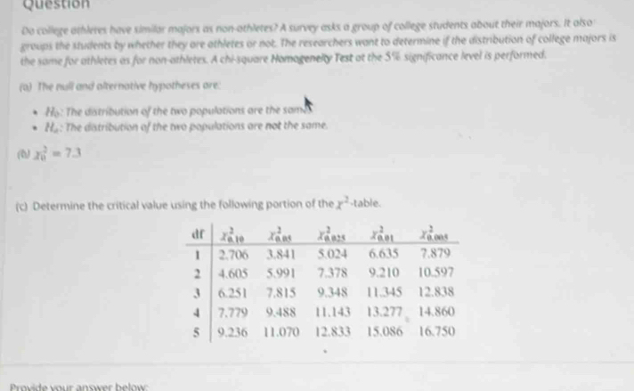 Question
Do college athleres have similar majors as non-athletes? A survey asks a group of college students about their majors. It also
groups the students by whether they are athletes or not. The researchers want to determine if the distribution of college majors is
the same for athletes as for non-athletes. A chi-square Homagenelty Test at the 5% significance level is performed.
(o) The null and alternative hypotheses are:
H : The distribution of the two populations are the sam
H_a : The distribution of the two populations are not the same.
(6) x_0^(2=7.3
(c) Determine the critical value using the following portion of the x^2) -table.
Provide vour answer below: