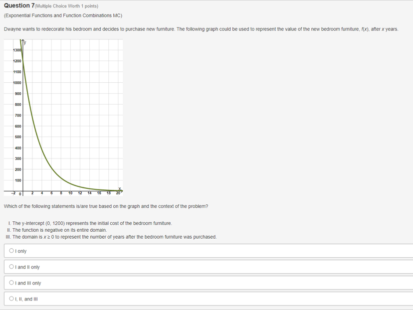 Question 7(Multiple Choice Worth 1 points)
(Exponential Functions and Function Combinations MC)
Dwayne wants to redecorate his bedroom and decides to purchase new furniture. The following graph could be used to represent the value of the new bedroom furniture, f(x) , after x years.
Which of the following statements is/are true based on the graph and the context of the problem?
I. The y-intercept (0, 1200) represents the initial cost of the bedroom furniture.
II. The function is negative on its entire domain.
III. The domain is x≥ 0 to represent the number of years after the bedroom furniture was purchased.
I only
I and II only
I and III only
I, II, and III