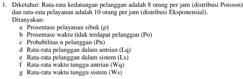 Diketahui: Rata-rata kedatangan pelanggan adalah 8 orang per jam (distribusi Poisson) 
dan rata-rata pelayanan adalah 10 orang per jam (distribusi Eksponensial). 
Ditanyakan: 
a Prosentase pelayanan sibuk (ρ) 
b Prosentase waktu tidak terdapat pelanggan (Po) 
c Probabilitas n pelanggan (Pn) 
d Rata-rata pelanggan dalam antrian (Lq) 
e Rata-rata pelanggan dalam sistem (Ls) 
f Rata-rata waktu tunggu antrian (Wq) 
g Rata-rata waktu tunggu sistem (Ws)