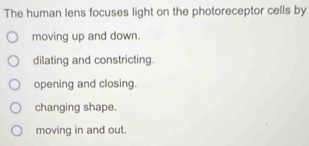 The human lens focuses light on the photoreceptor cells by
moving up and down.
dilating and constricting.
opening and closing.
changing shape.
moving in and out.