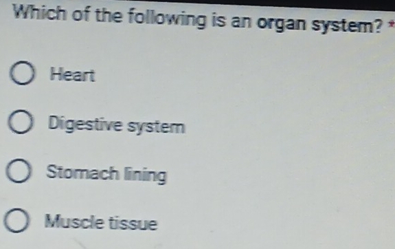 Which of the following is an organ system?
Heart
Digestive system
Stomach lining
Muscle tissue