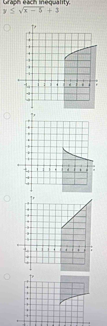 Graph each inequality.
y≤ sqrt(x-5)+3
→