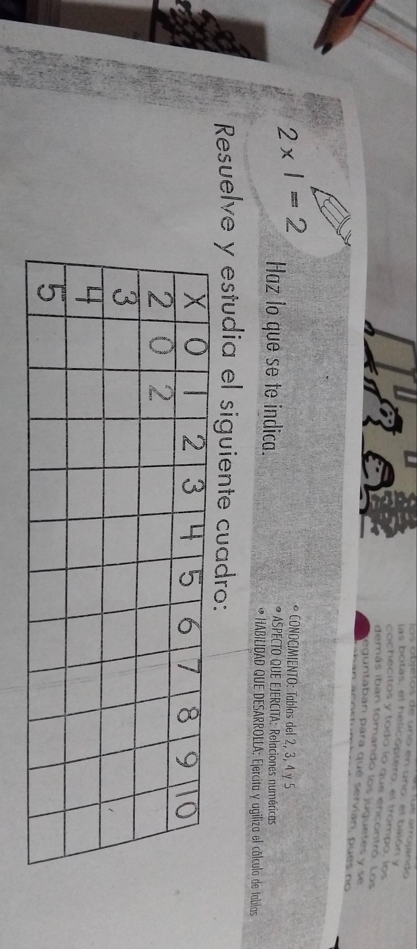 arrojando 
los objetos de uno en uno, el balón y 
las botas, el helicóptero, el trómpo, los 
cochecitos y todo lo que encontró. Los 
demás iban tomando los juguetes y se 
eguntaban para qué servían, pues no
2* 1=2
* CONOCIMIENTO: Tablas del 2, 3, 4 y 5
Haz lo que se te indica. * ASPECTO QUE EJERCITA: Relaciones numéricas 
* HABILIDAD QUE DESARROLLA: Ejercita y agiliza el cálculo de tablas 
Resuelve y estudia el siguiente cuadro: