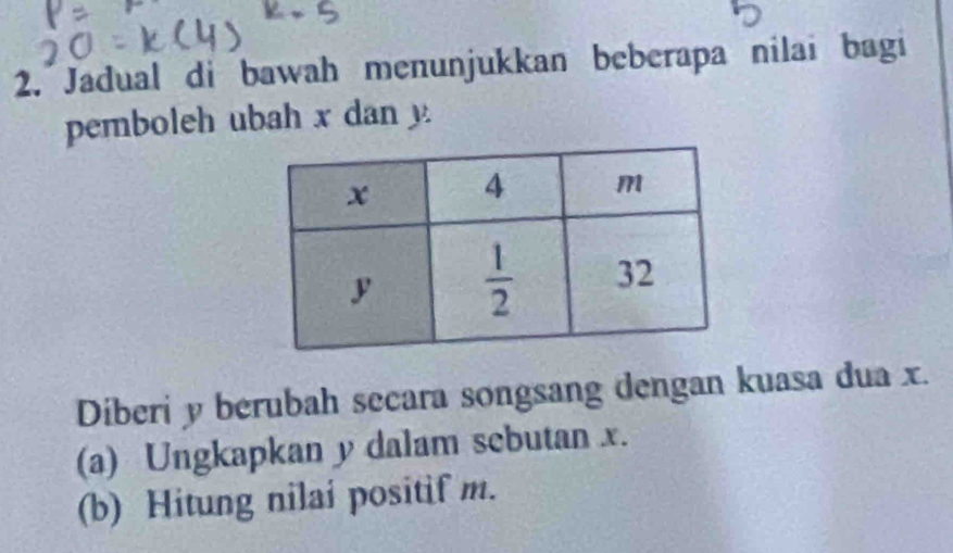 Jadual di bawah menunjukkan beberapa nilai bagi
pemboleh ubah x dan y.
Diberi y berubah secara songsang dengan kuasa dua x.
(a) Ungkapkan y dalam sebutan x.
(b) Hitung nilai positif m.