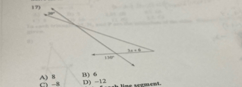 A) 8 B) 6
C) -8 D) -12 a line segment.