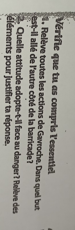 Vérifie que tu as compris l'essentiel 
。 Relève toutes les actions de Gavroche. Dans quel but 
est-il allé de l'autre côté de la barricade? 
。 Quelle attitude adopte-t-il face au danger? Relève des 
éléments pour justifier ta réponse.