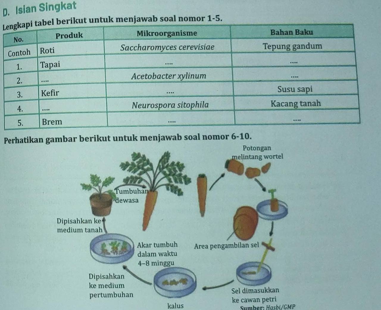 Isian Singkat 
Luk menjawab soal nomor 1-5. 
Perhatikan gambar berikut untuk menjawab soal nomor 6-10. 
kalus Sumber: Hasbi/GMP