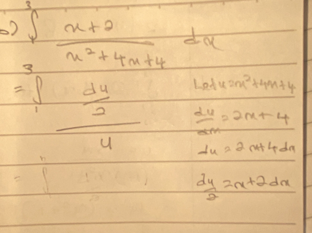 ) ∈t _3^(4frac x+2)x^2+4x+4dx
a 
:frac frac 22 frac  dy/2 4 Latu2m^2+4m+4
 dv/dx =2x+4
du=2m+4dm
 dy/2 =x+2dx