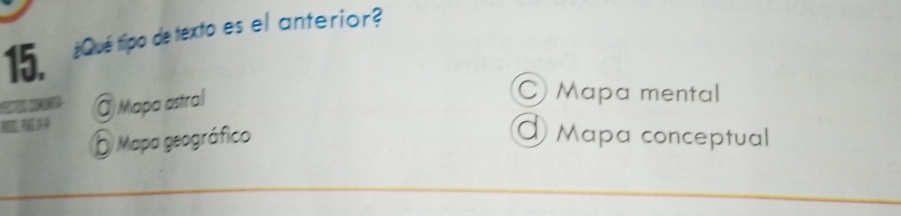 ¿Qué tipo detexto es el anterior?
@ Mapa astral
C) Mapa mental
O Mapa geográfico Mapa conceptual
