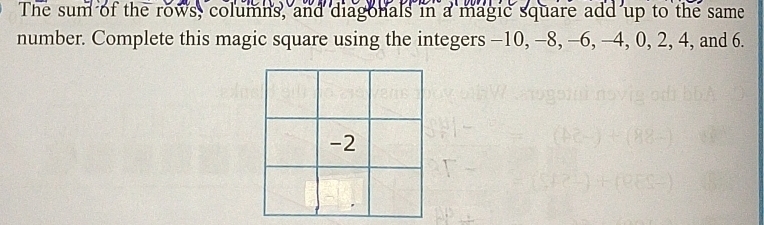 The sum of the rows, columns, and diagonals in a magic square add up to the same 
number. Complete this magic square using the integers -10, -8, -6, -4, 0, 2, 4, and 6.