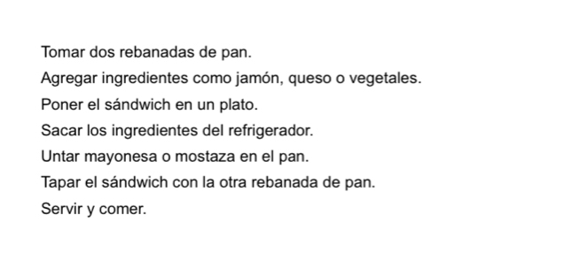 Tomar dos rebanadas de pan. 
Agregar ingredientes como jamón, queso o vegetales. 
Poner el sándwich en un plato. 
Sacar los ingredientes del refrigerador. 
Untar mayonesa o mostaza en el pan. 
Tapar el sándwich con la otra rebanada de pan. 
Servir y comer.