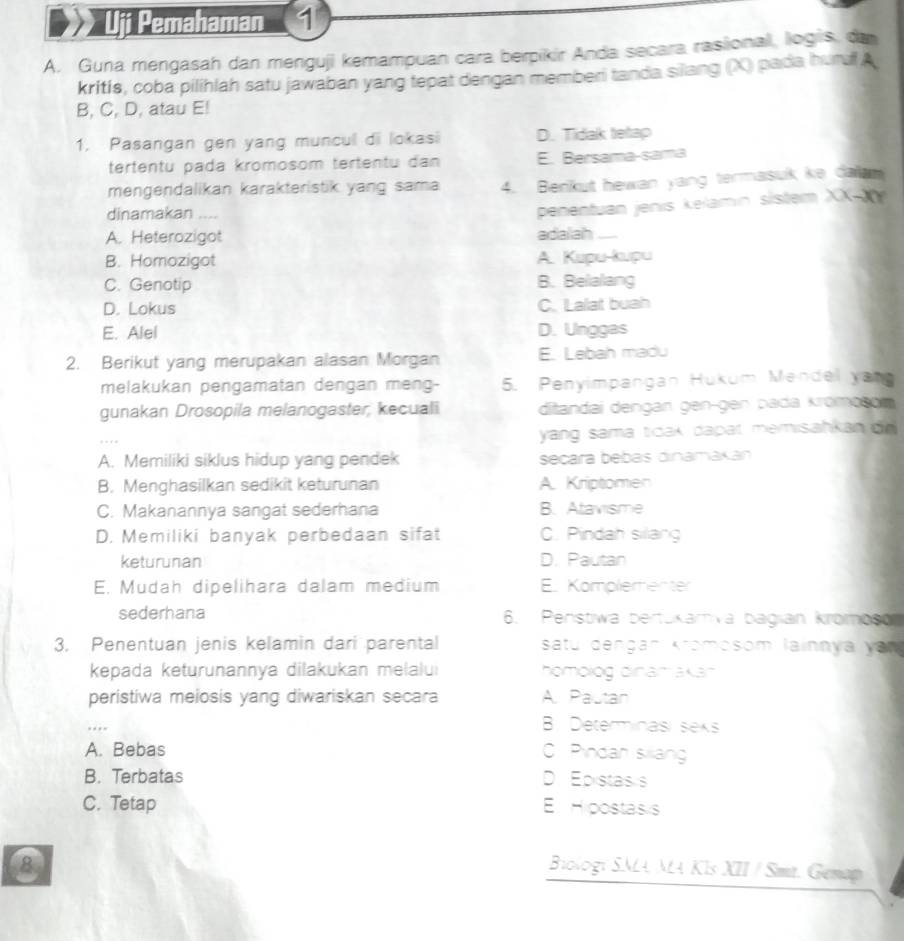 Uji Pemahaman 1
A. Guna mengasah dan menguji kemampuan cara berpikir Anda secara rasional, logis, da
kritis, coba pilihlah satu jawaban yang tepat dengan memberi tanda silang (X) pada huri A
B, C, D, atau E!
1. Pasangan gen yang muncull di lokasi D. Tidak tetap
tertentu pada kromosom tertentu dan E. Bersama-sama
mengendalikan karakteristik yang sama 4. Benkut hewan yang termasuk ke daam
dinamakan ....
A. Heterozigot adalah penentuan jenis kelamín sístem XX-
B. Homozigot A. Kupu-kupu
C. Genotip B. Belalang
D. Lokus C. Lalat buah
E. Alel D. Unggas
2. Berikut yang merupakan alasan Morgan E. Lebah madu
melakukan pengamatan dengan meng- 5. Penyimpangan Hukum Mendel yang
gunakan Drosopila melanogaster, kecuali ditandai dengan gen-gen pada krömosom
…
yang sama ticak dapat memisahkan on 
A. Memiliki siklus hidup yang pendek secara bébás dinamakán
B. Menghasilkan sedikit keturunan A. Kriptomen
C. Makanannya sangat sederhana B. Atavisme
D. Memiliki banyak perbedaan sifat C. Pindah sillang
keturunan D. Pautan
E. Mudah dipelihara dalam medium E. Komplementer
sederhana 6. Penstiwa bertukamva bagian krombso
3. Penentuan jenis kelamin dari parental satu dençan Kromosom lainnya yan 
kepada keturunannya dilakukan melalui homolog dinamakar 
peristiwa meiosis yang diwariskan secara APautan
…
B. Determinasi seks
A. Bebas Pindan silan
B. Terbatas D Epistas s
C. Tetap E Hpostasis
8 Biologi SMLA MA KIs XII / Smt. Gemap