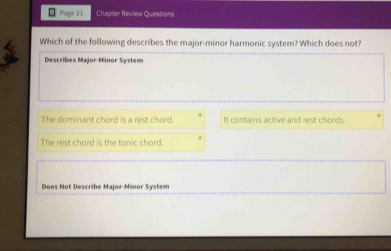 Page 21 Chapter Review Questions
Which of the following describes the major-minor harmonic system? Which does not?
Describes Major-Minor System
The dominant chord is a rest chord. It contains active and rest chords.
The rest chord is the tonic chord.
Does Not Describe Major-Minor System