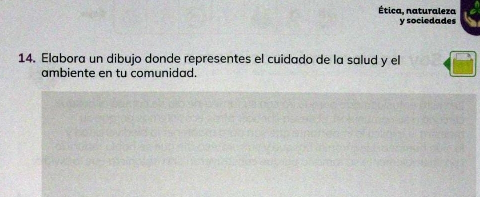 Ética, naturaleza 
y sociedades 
14. Elabora un dibujo donde representes el cuidado de la salud y el 
ambiente en tu comunidad.