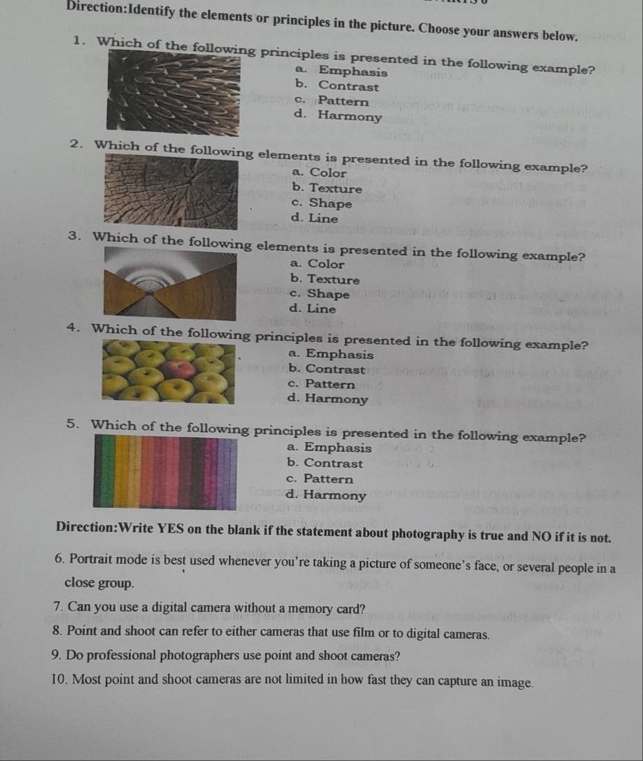 the elements or principles in the picture. Choose your answers below.
1. Which of the principles is presented in the following example?
a. Emphasis
b. Contrast
c. Pattern
d. Harmony
2. Which of the following elements is presented in the following example?
a. Color
b. Texture
c. Shape
d. Line
3. Which of the followielements is presented in the following example?
a. Color
b. Texture
c. Shape
d. Line
4. Which of the followin principles is presented in the following example?
a. Emphasis
b. Contrast
c. Pattern
d. Harmony
5. Which of the following principles is presented in the following example?
a. Emphasis
b. Contrast
c. Pattern
d. Harmony
Direction:Write YES on the blank if the statement about photography is true and NO if it is not.
6. Portrait mode is best used whenever you’re taking a picture of someone’s face, or several people in a
close group.
7. Can you use a digital camera without a memory card?
8. Point and shoot can refer to either cameras that use film or to digital cameras.
9. Do professional photographers use point and shoot cameras?
10. Most point and shoot cameras are not limited in how fast they can capture an image.