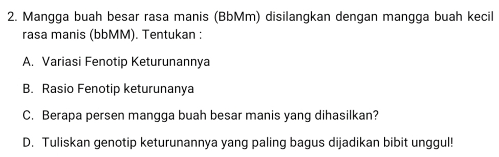 Mangga buah besar rasa manis (BbMm) disilangkan dengan mangga buah kecil 
rasa manis (bbMM). Tentukan : 
A. Variasi Fenotip Keturunannya 
B. Rasio Fenotip keturunanya 
C. Berapa persen mangga buah besar manis yang dihasilkan? 
D. Tuliskan genotip keturunannya yang paling bagus dijadikan bibit unggul!