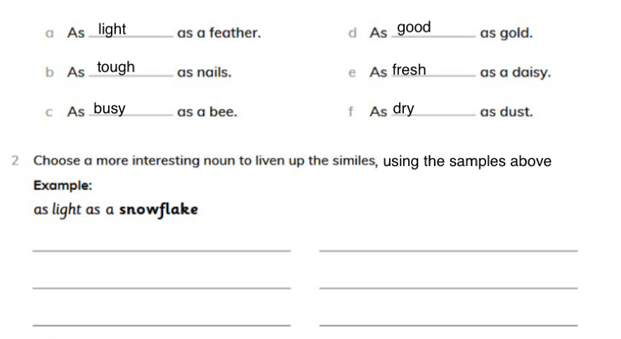 a As light_ as a feather. d As good as gold.
b As _ tough_ as nails. e As fresh_ as a daisy.
c As busy_ as a bee. f As dry_ as dust.
2 Choose a more interesting noun to liven up the similes, using the samples above
Example:
as light as a snowflake
__
__
__